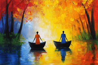 People Boating In Autumn Landscape Painting