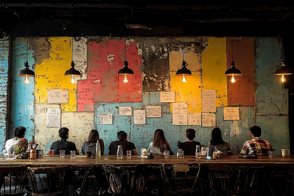 People Sitting At A Long Table In A Cafe