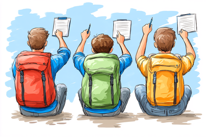 People Sitting With Backpacks And Clipboards
