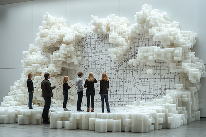 People Viewing Block Sculpture with Map