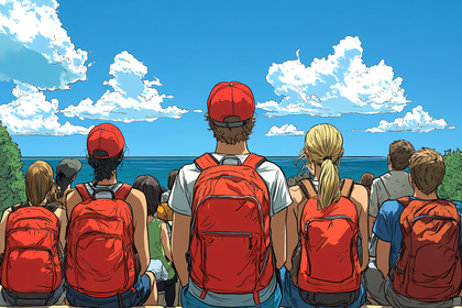 People with Red Backpacks Gazing at Ocean
