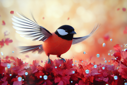 Perched Bird On Red Leaves