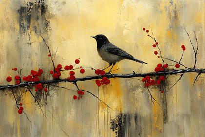 Perched Blackbird and Crimson Berries