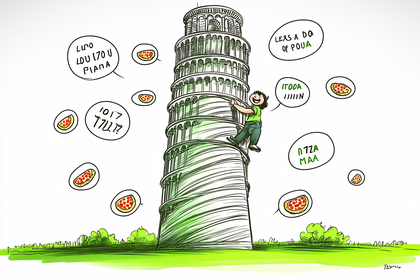 Person Climbing Leaning Tower of Pisa with Pizza