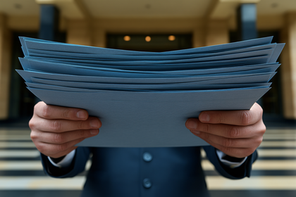 Person Holding A Stack Of Light Blue Papers