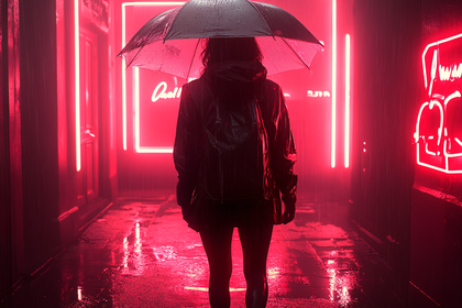 Person In Rain Under Neon Lights