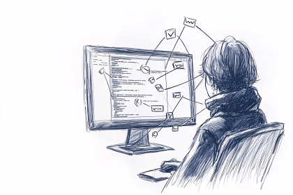 Person Working on Computer with Connected Ideas