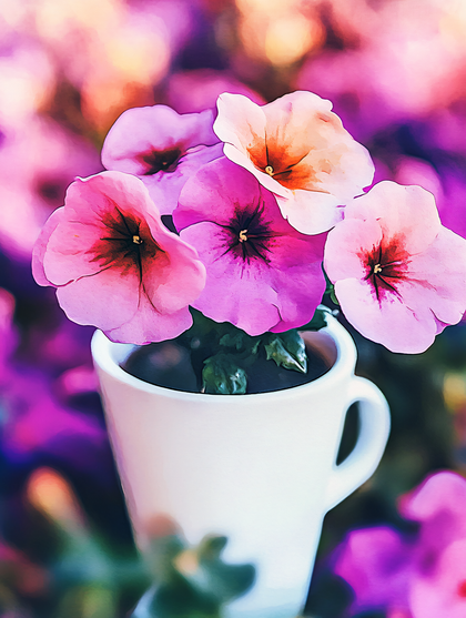 Petunia Flowers in a White Cup