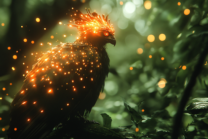 Phoenix With Fiery Crest In Lush Forest