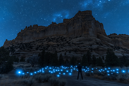 Photographer and Glowing Lights Under Starry Sky
