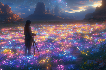 Photographer in a Field of Glowing Flowers