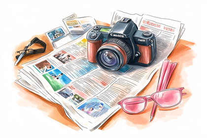Photography Still Life with Camera and Newspaper