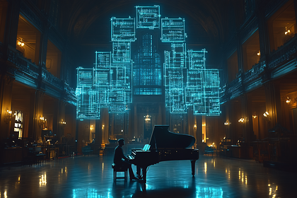 Pianist in Grand Hall with Neon Music Sheets
