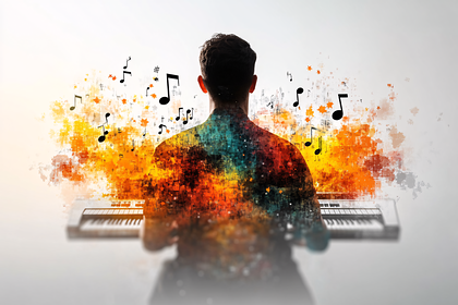 Abstract Pianist Playing Music with Floating Notes