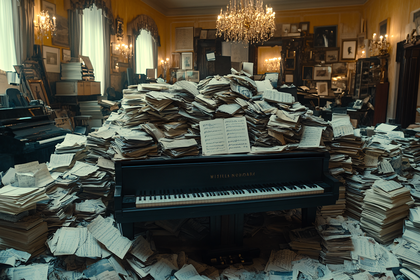 Piano Overwhelmed by Sheet Music in a Vintage Room