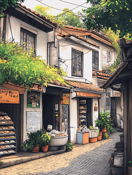 Picturesque European Street Scene with Shops