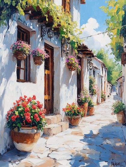 Picturesque European Street with Flower Pots