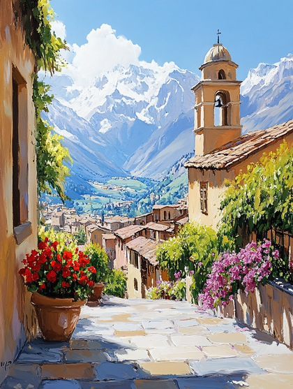 Picturesque Italian Village with Mountain Backdrop