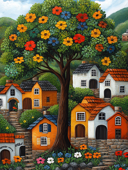 Picturesque Village with Flower Tree