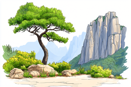 Pine Tree And Mountain Cliff Landscape