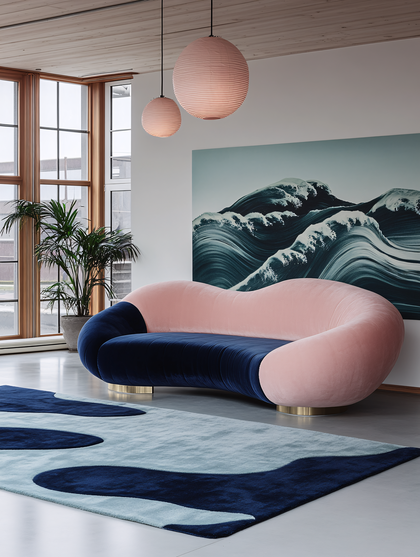 Pink And Blue Curved Sofa In Modern Interior