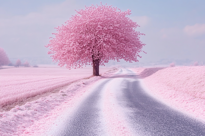 Pink Blossoms Along a Quiet Road