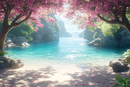 Pink Blossoms Over Turquoise Waters