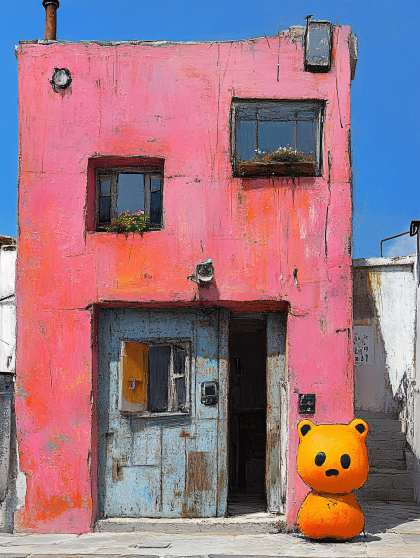 Pink Building with Bear Statue