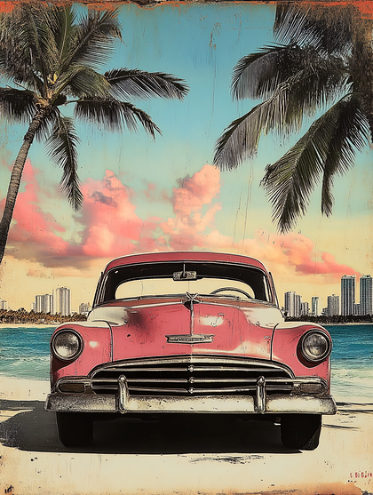 Pink Car On Beach