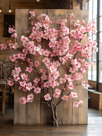 Pink Cherry Blossom Branch On Wood Panel