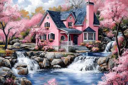 Pink Cottage by the Waterfall