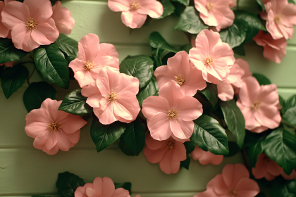 Pink Dogwood Flowers On Green Wooden Wall
