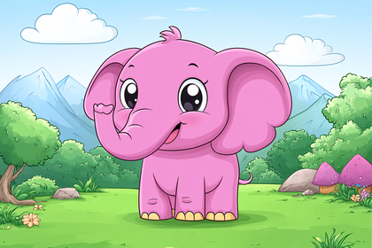 Pink Elephant Cartoon in Meadow