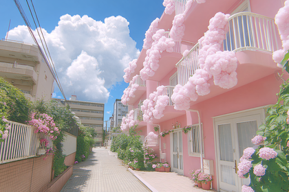 Pink Flower-Adorned Building