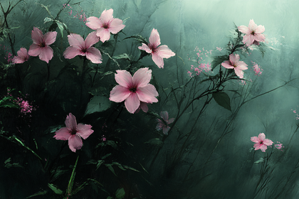 Pink Flowers in a Dark Garden