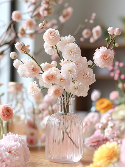 Pink Flowers In Glass Vase