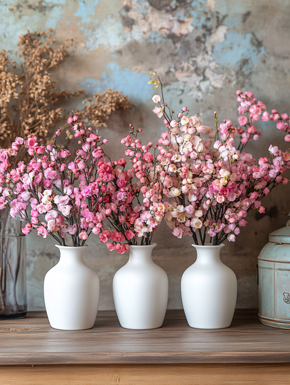 Pink Flowers in White Vases