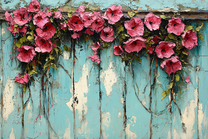 Pink Flowers on Blue Wooden Panel
