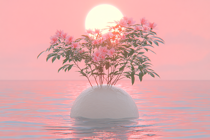 Pink Flowers on Stone Dome in Water at Sunset