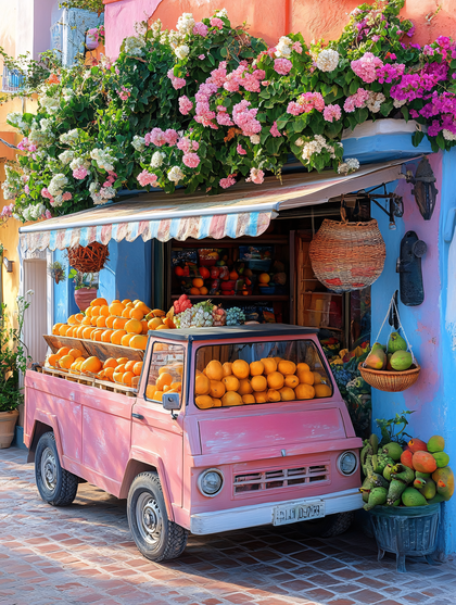 Pink Fruit Truck in a Colorful Town
