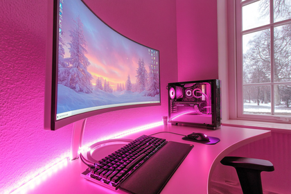 Pink Gaming Setup With Curved Monitor