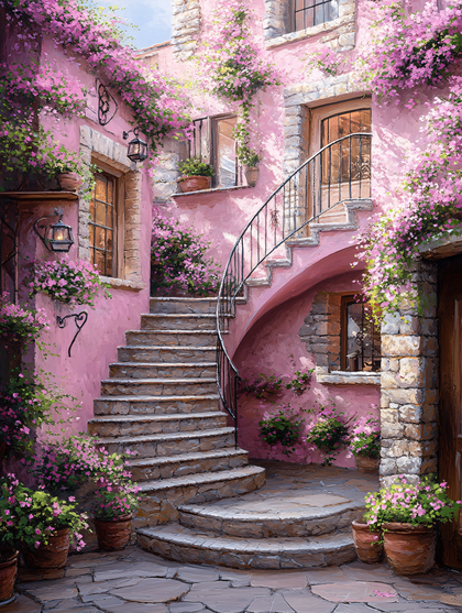 Pink Italian Courtyard with Floral Vines