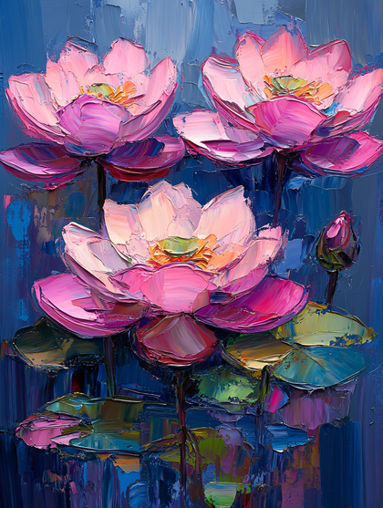 Pink Lotus Flowers Impressionistic Painting