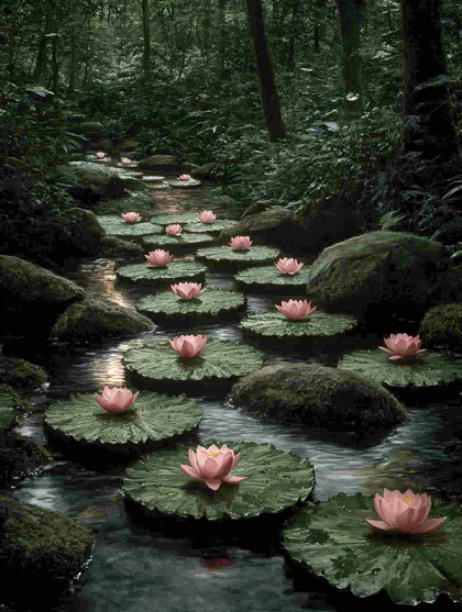 Pink Lotus Flowers in Forest Stream