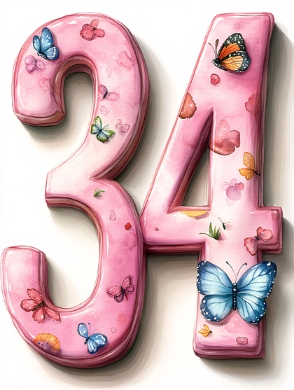 Pink Number 34 With Butterflies