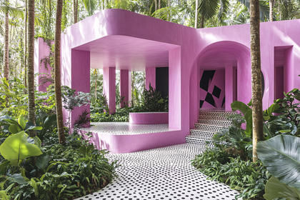 Pink Pavilion in Lush Garden