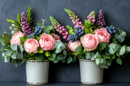 Pink Roses And Blue Flowers In White Vases