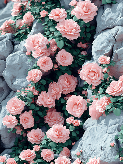 Pink Roses on Stone Wall