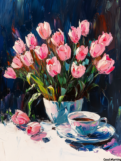 Pink Tulips and Coffee Still Life