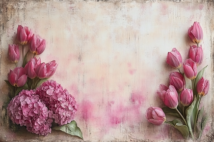 Pink Tulips and Hydrangeas on Rustic Background
